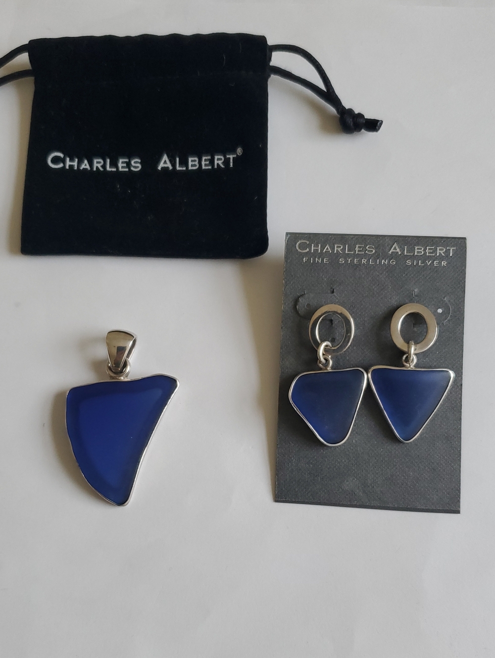 Charles Albert Sterling Silver Blue Sea Glass Pendant & Earrings Set